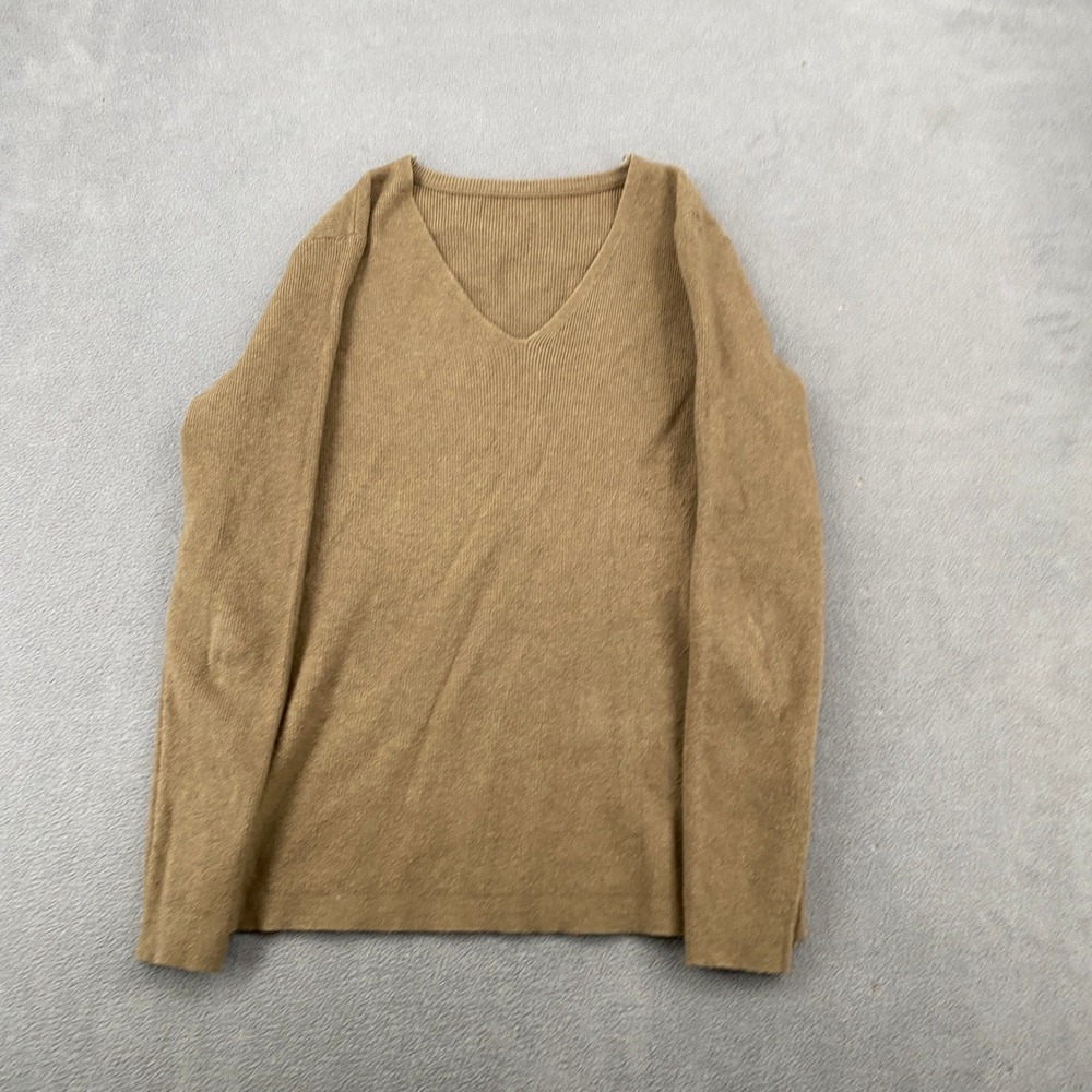 Dazy Tan Camel Ribbed Knit V-Neck Long Sleeve Sweater XL Slim Fit Minimalist